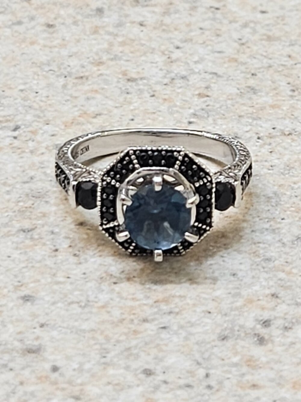 Silver Ring with Blue Center Stone and Black Accents-Size 8